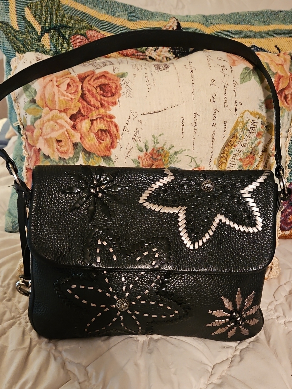 Brighton Black Leather Shoulder Bag with Silver Floral Accents